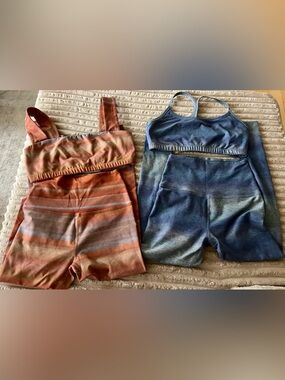 Beyond Yoga Ombre Stripe and Watercolor Waves leggings and tops sets